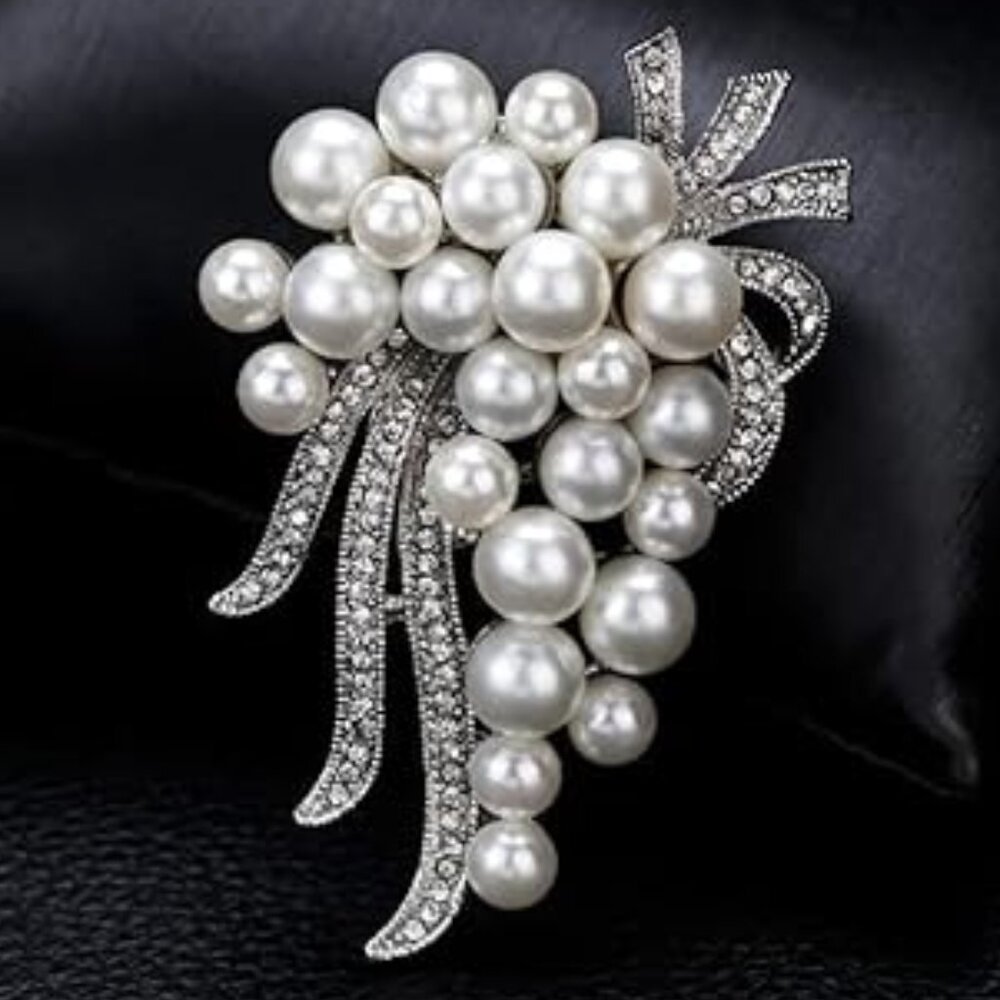 Grape Cluster Pearl & Rhinestone Floral Brooch